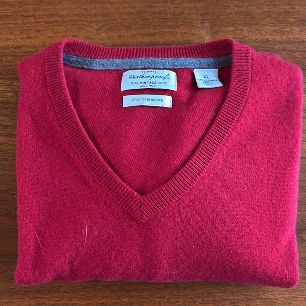 100% 2 Ply Cashmere Weatherproof Mens XL V Neck Sweater Red Soft+++